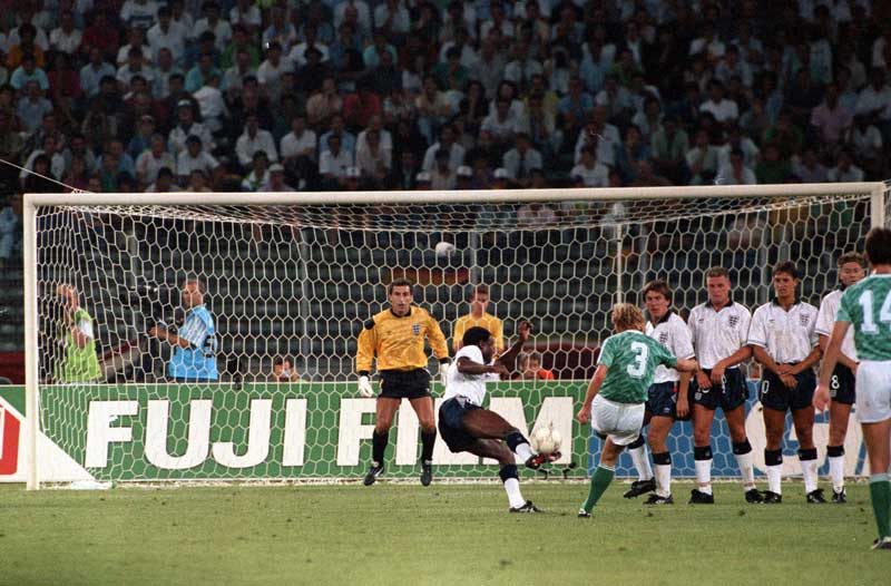 Germany score against England in the 1990 World Cup semi-final.